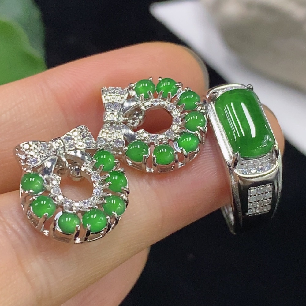 F32789291 Jadeite Inlaid Earrings/Ring Non-Gold Adjustable