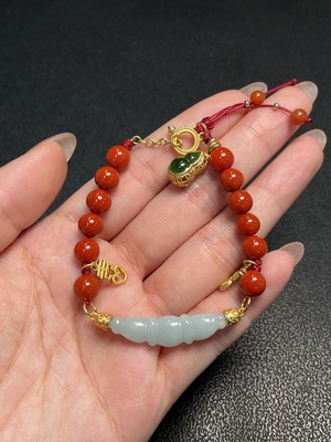 C34951511 South Red Agate Bracelet with Visible Organic Matter, Total Weight Approx. 13.92g, Size 7.3mm, Paired with Jadeite and Hetian Jade, Non-Gold