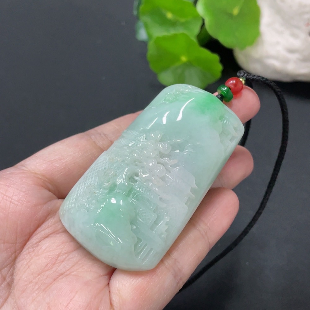 F34977295 Jadeite Pendant Landscape Plaque Total Weight Approx. 65.55g Including Rope, Beads Not Grade A