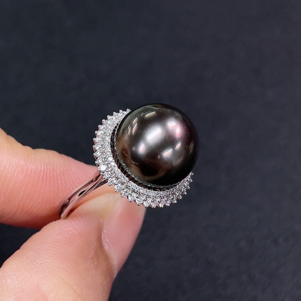 C33892171 18K Saltwater Pearl Ring with Diamond Accents, Total Weight Approx. 5.36g, Size 13, Stone Measures About 12.1mm