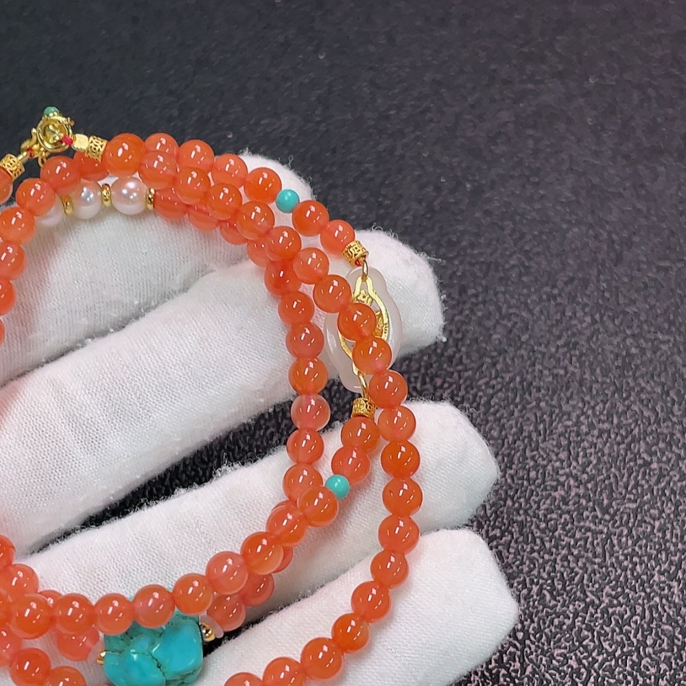 C34037882 South Red Agate Bead Necklace with Visible Organic Matter, Non-Natural Accent Stones, Paired with Pearls and Hetian Jade, Non-Gold, Total Weight Approximately 19.03g, Bead Size About 4.7mm