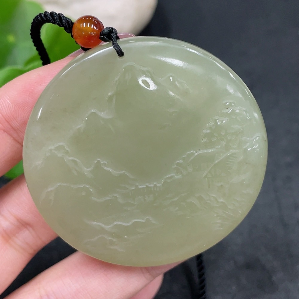 H33884873 Hetian Jade Pendant - Landscape Plaque, Total Weight (Including Rope): Approx. 43.1g