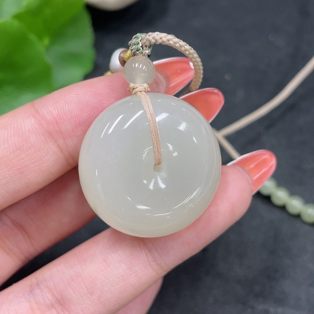 H34981182 Hetian Jade Pendant, Peace Buckle, Total Weight (including rope) 22.2g