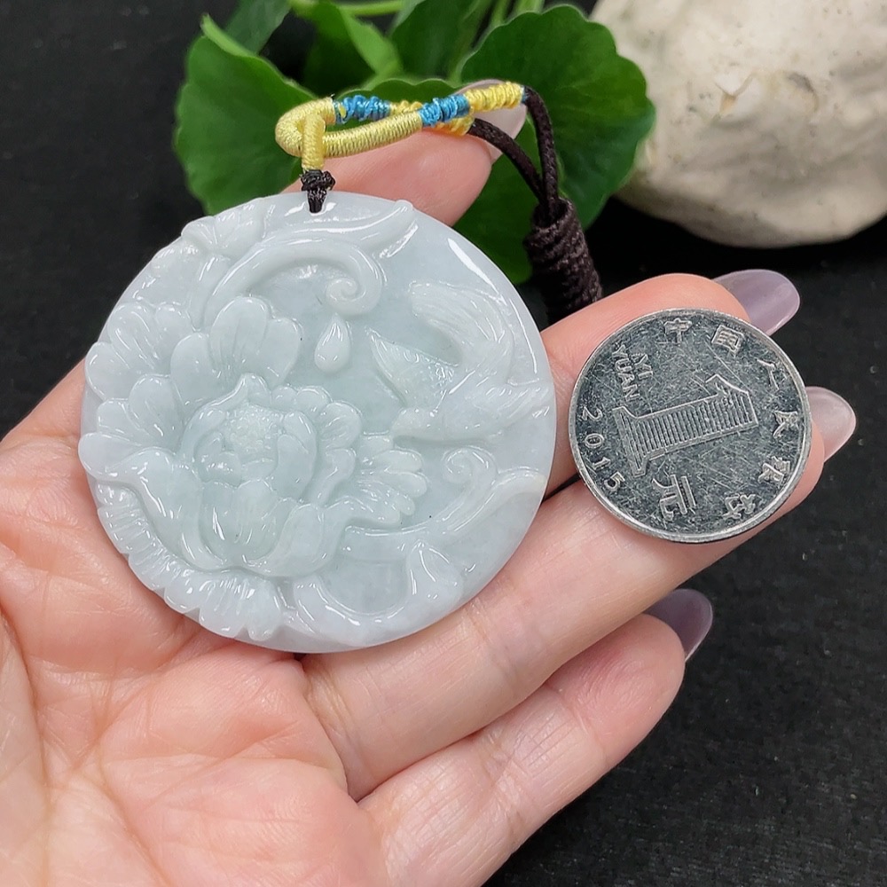 F34966150 Jadeite Flower and Bird Plaque Pendant