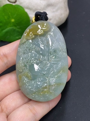 F46557760 翡翠山水牌挂件 货品含绳总重约60.8克