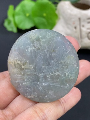 F42952568 翡翠山水牌挂件 货品总重约27.5g