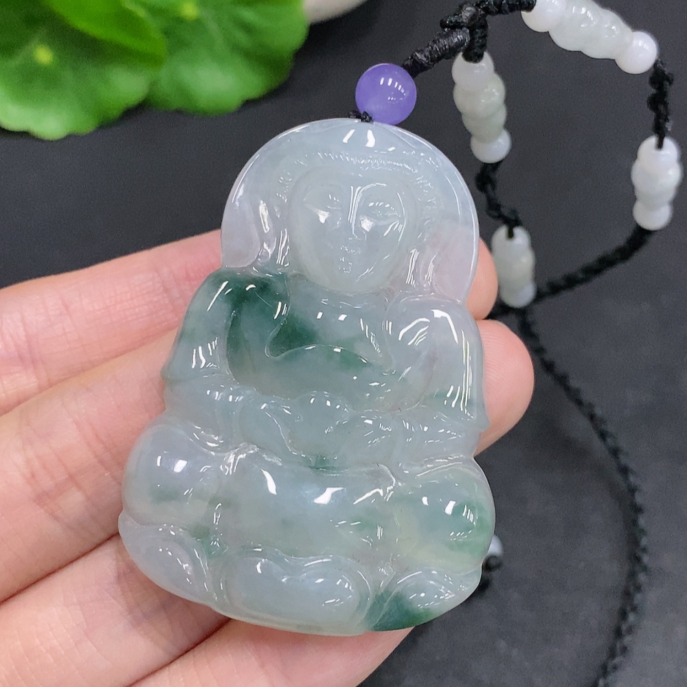 F34967861 Jadeite Guanyin Pendant Total Weight with Rope Approx. 24.5g (Matching Beads Non-Grade A)