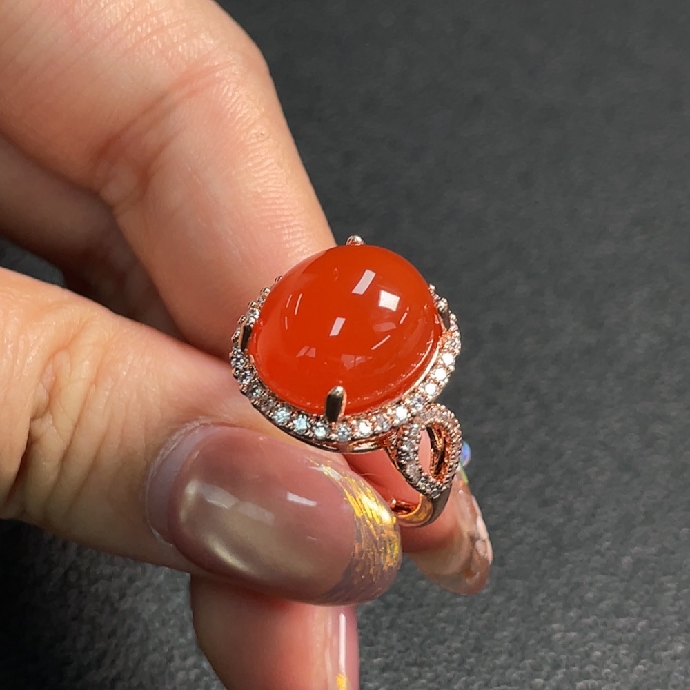 C28224829 Red Agate Inlaid Ring, Non-Gold Setting, Adjustable, Total Weight Approx. 5.99g