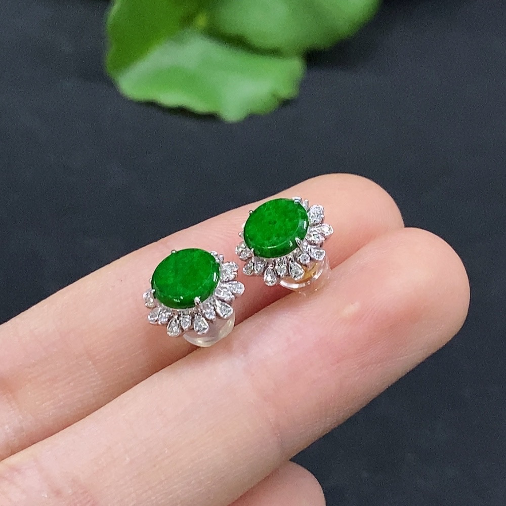 F31603759 Jadeite Cabochon Earrings Set in 18K Gold with Diamond Accents, Total Weight Approximately 1.66g