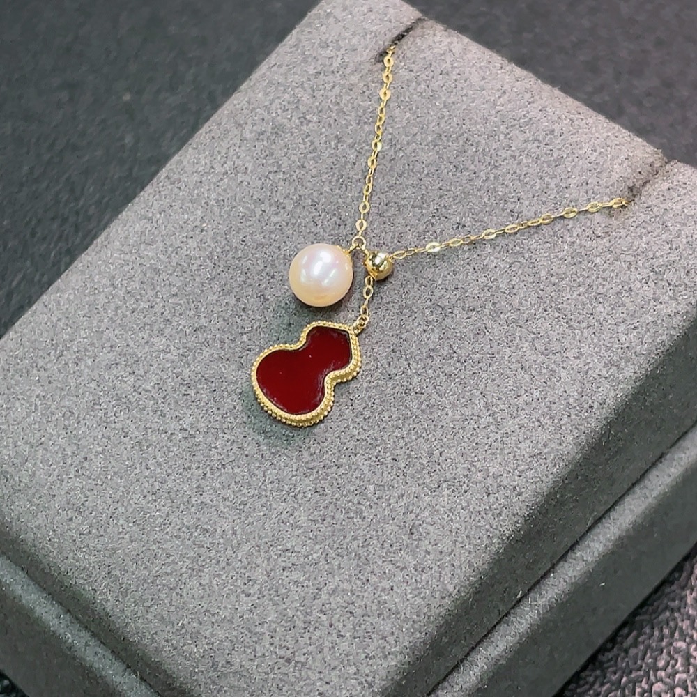 C34950987 18K Onyx Necklace with Pearl and Simulated Stones, Total Weight Approx. 1.26g, Stone Size About 5.9mm