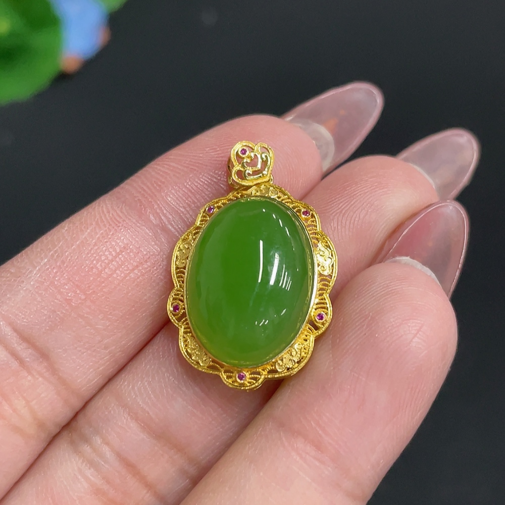 H26001429 Hetian Jade Inlaid Pendant, Cabochon, 18k, Total Weight Approx. 3.5g