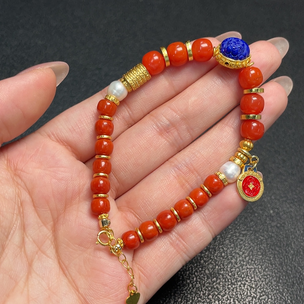 C34951510 South Red Agate Bracelet with Visible Organic Matter, Total Weight Approx. 17.37g, Bead Size 5.8-7.5mm, Paired with Pearls, Non-Gold