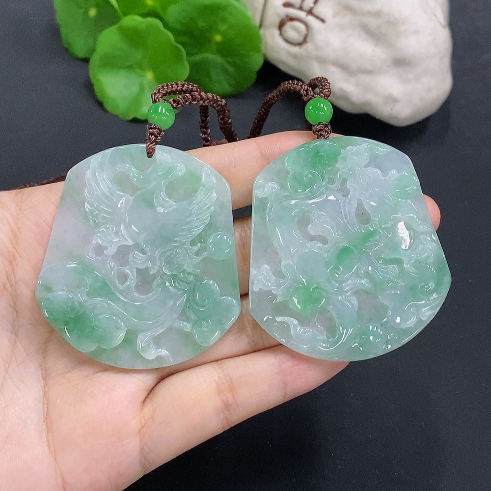 F30452367 Jadeite Dragon and Phoenix Auspicious Pendant (with non-A grade beads)