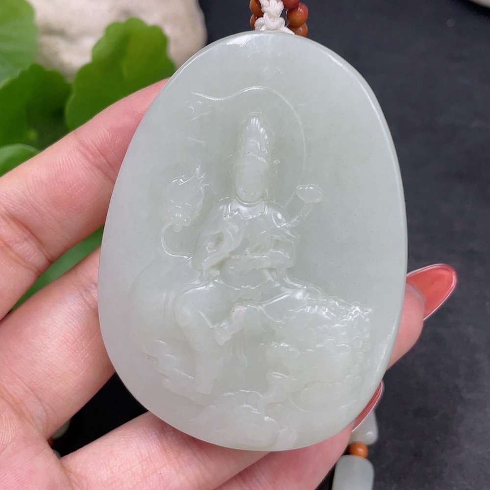 H34980500 Hetian Jade Pendant Manjushri Bodhisattva with Non-Hetian Jade Beads Total Weight Approx. (Including Chain) 133.9g