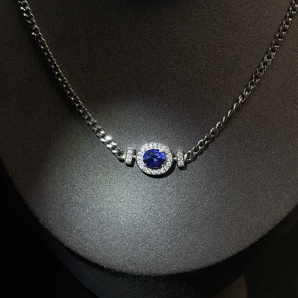 C25845758 Sapphire Inlaid Necklace, Non-Gold Inlaid Chain Body, Total Weight Including Chain Approximately 10.18g