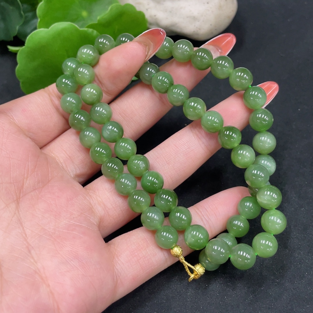 H34053449 Hetian Jade Jasper Bead Necklace, approx. 7.7mm, non-gold inlaid, total weight approx. 42.7g