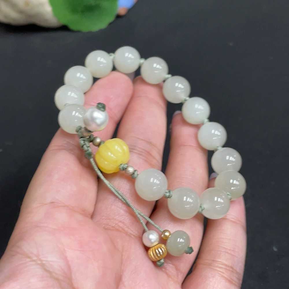 H33862731 Hetian Jade Bead Bracelet, approx. 9.9 mm, total weight about 24.8g, non-Hetian jade accessory beads