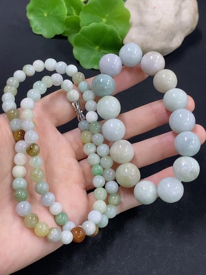 F46549443 翡翠珠链/手串 一手走 颜色成因未定 褐色珠非A 非金镶