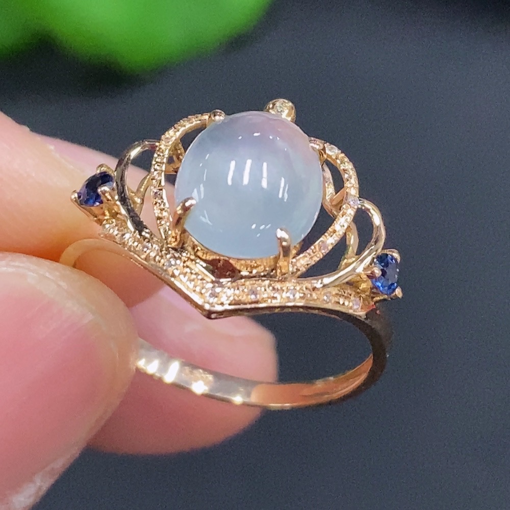 F28192091 Jadeite Cabochon Set Ring 18k Gold Setting Size 14 Total Weight Approx. 1.8g with Diamond Accents