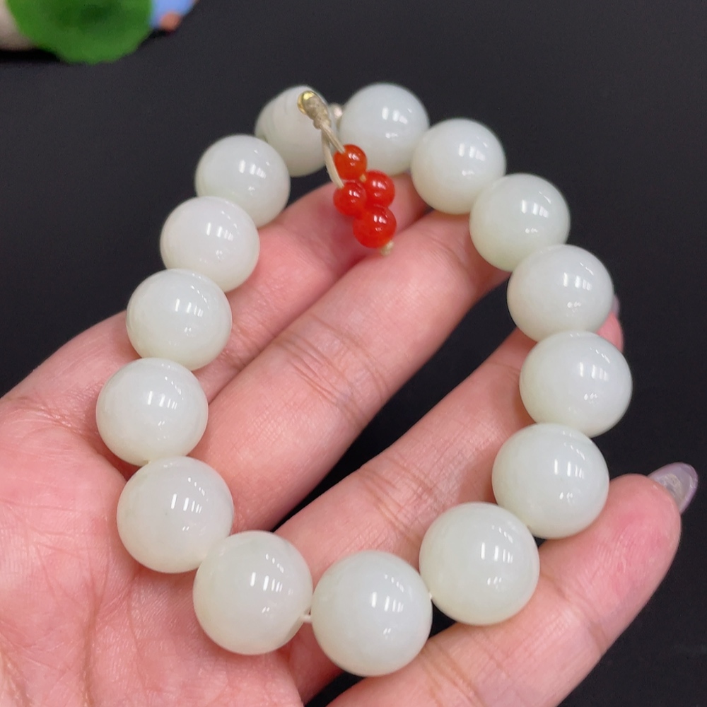 H33881630 Hetian Jade Bracelet, Approx. 13.7mm, Total Weight Approx. 63.8g, Contains Other Mineral Components, Beads Not Hetian Jade