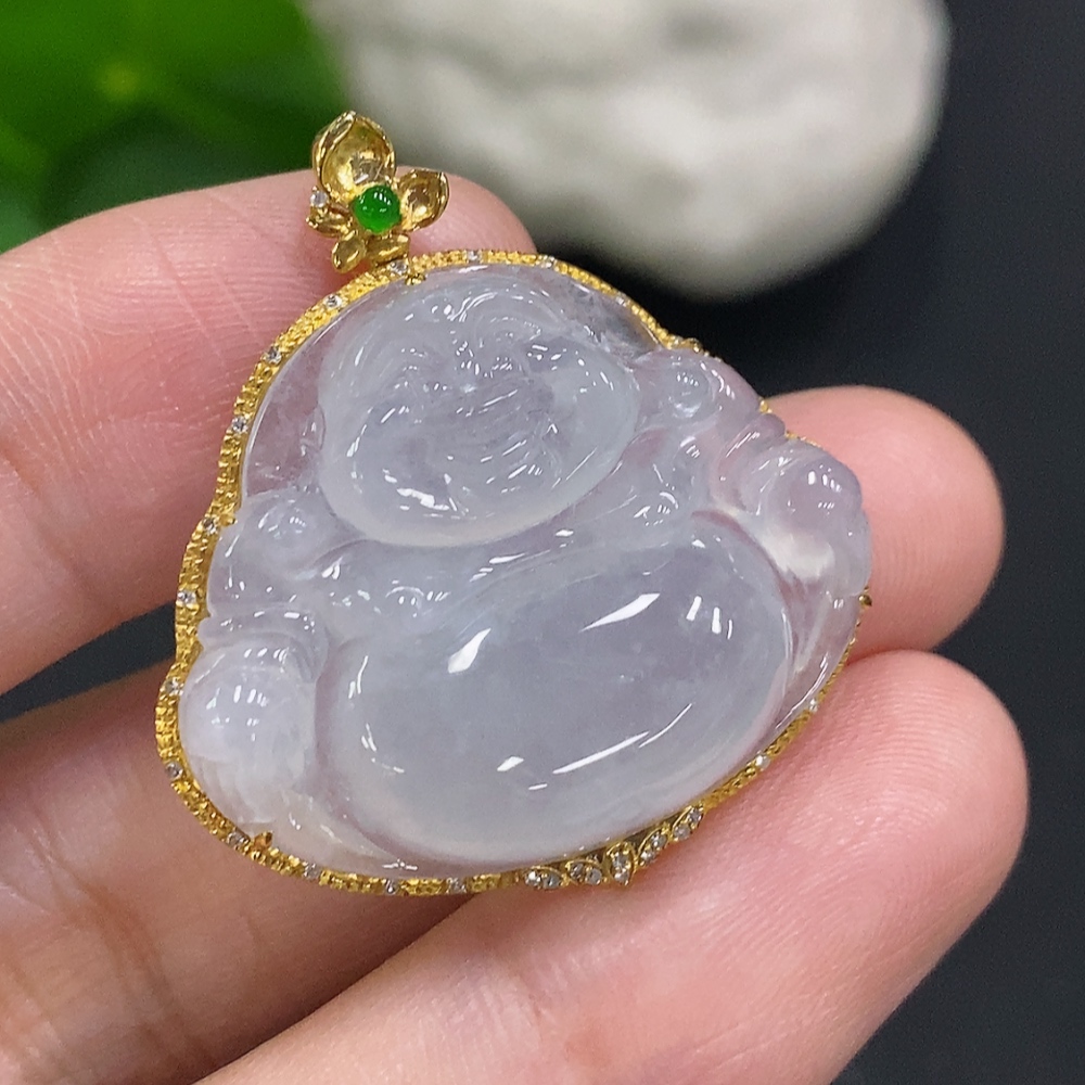 F35107388 Jadeite Buddha Pendant in 18K Gold with Diamond Accents, Total Weight Approx. 6.7g