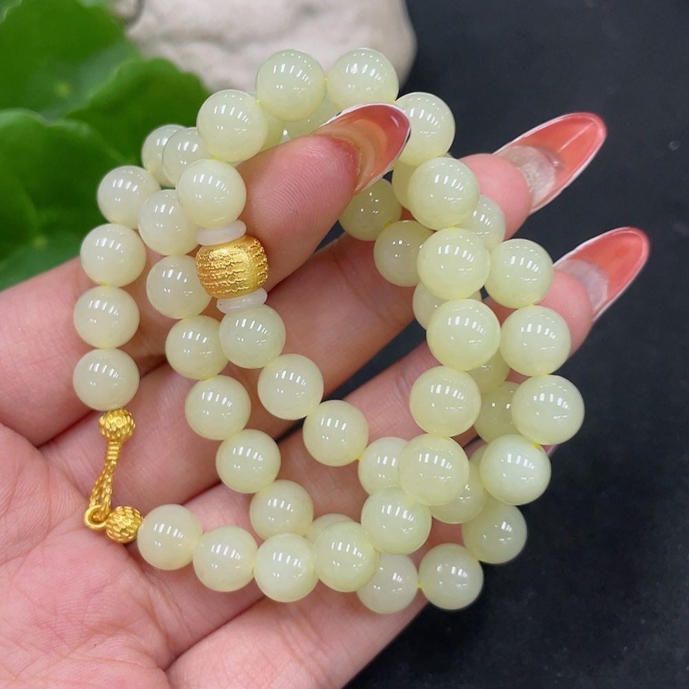 H34053448 Hetian Jade Bead Necklace, approx. 7.8mm, non-gold inlaid, total weight approx. 42.6g