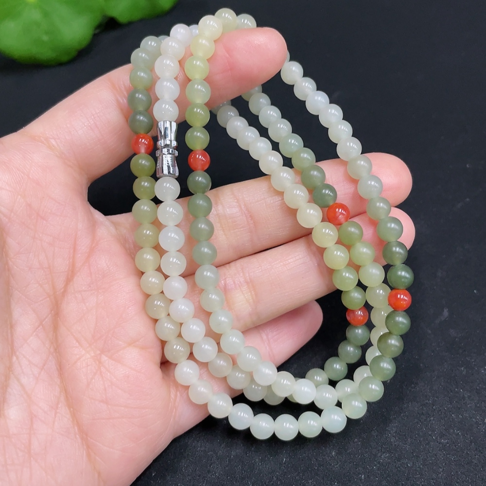 H34037533 Hetian Jade Bead Necklace, approx. 5mm, total weight about 24.7g, with Southern Red Agate