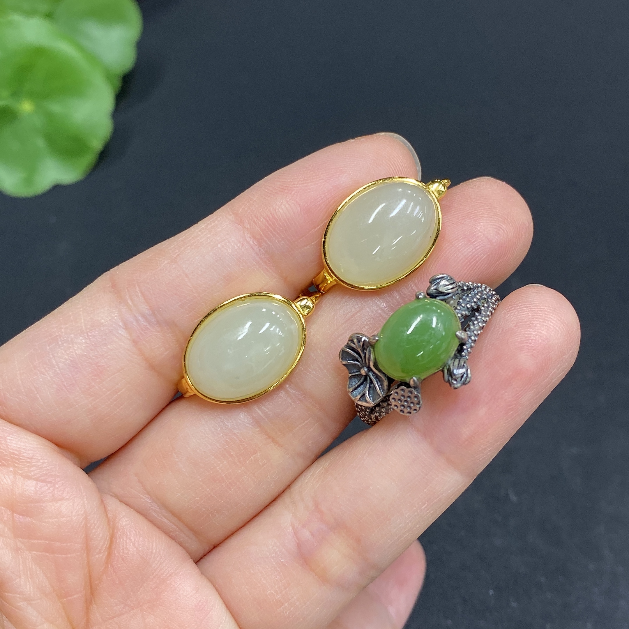 H33879541 Hetian Jade Inlaid Adjustable Ring Earrings Non-Gold Inlaid Total Weight Approx. 10.1g