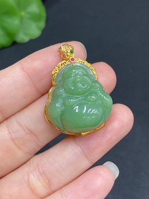 H34035963 Hetian Jade Inlaid Buddha Pendant with 18K Gold, Total Weight Approx. 6.9g