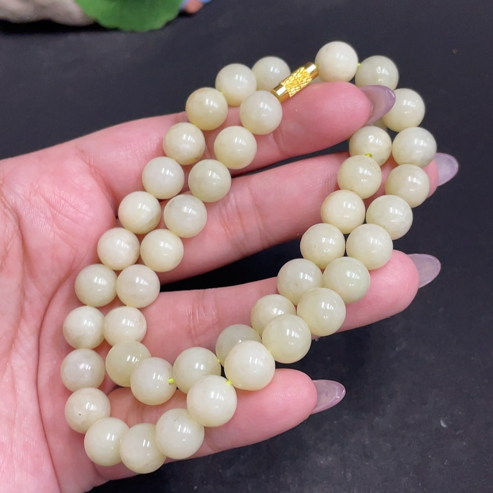 H33863574 Hetian Jade Bead Necklace, Approx. 9.2mm, Total Weight Approx. 62.9g, Non-Gold