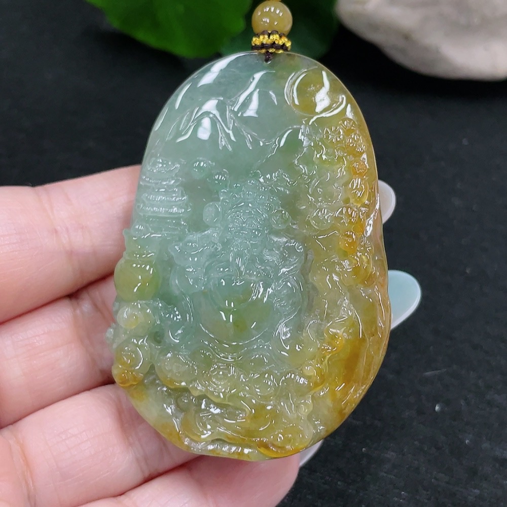 F33873770 Jadeite God of Wealth Pendant Total Weight Approx. 39.1g (Including Cord Weight) (Color Origin Undetermined)