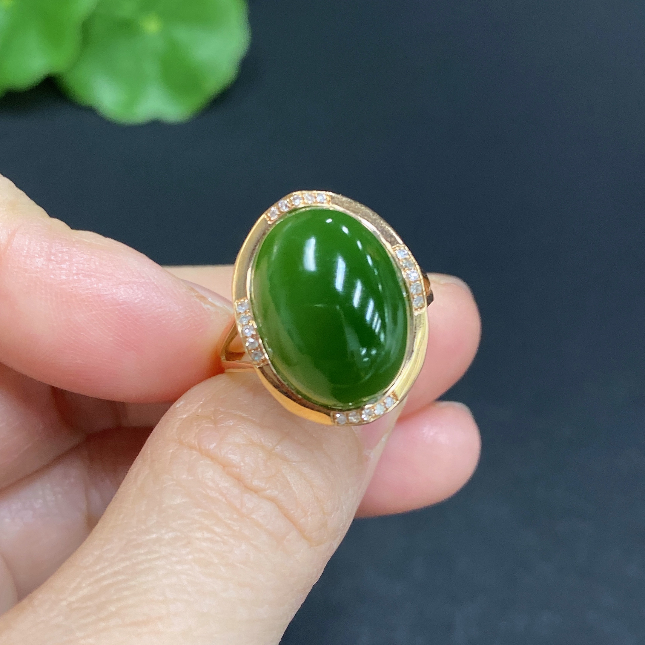 H33859040 Hetian Jade Inlay Ring 18k Gold Size 14 with Diamond Inlay Total Weight Approx. 4.1g