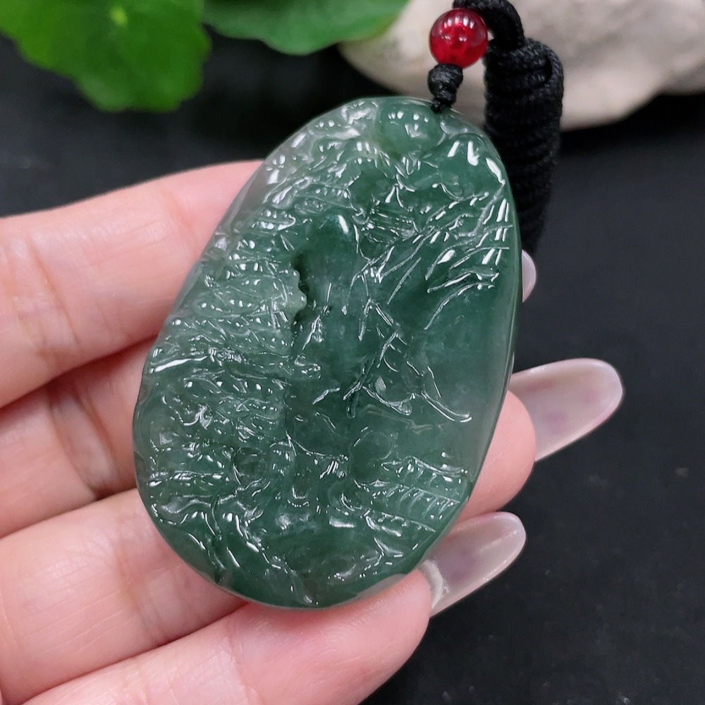 F34069181 Jadeite Landscape Pendant Total Weight Approx. 28.3g (Including Rope Weight)