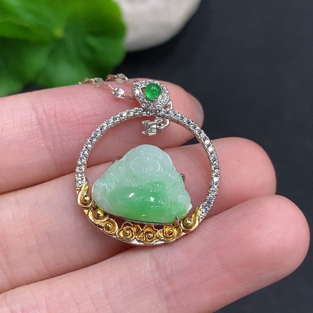 F34077362 Jadeite Buddha Pendant Non-Gold Setting Total Weight Approx. 4.4g (Including Chain)