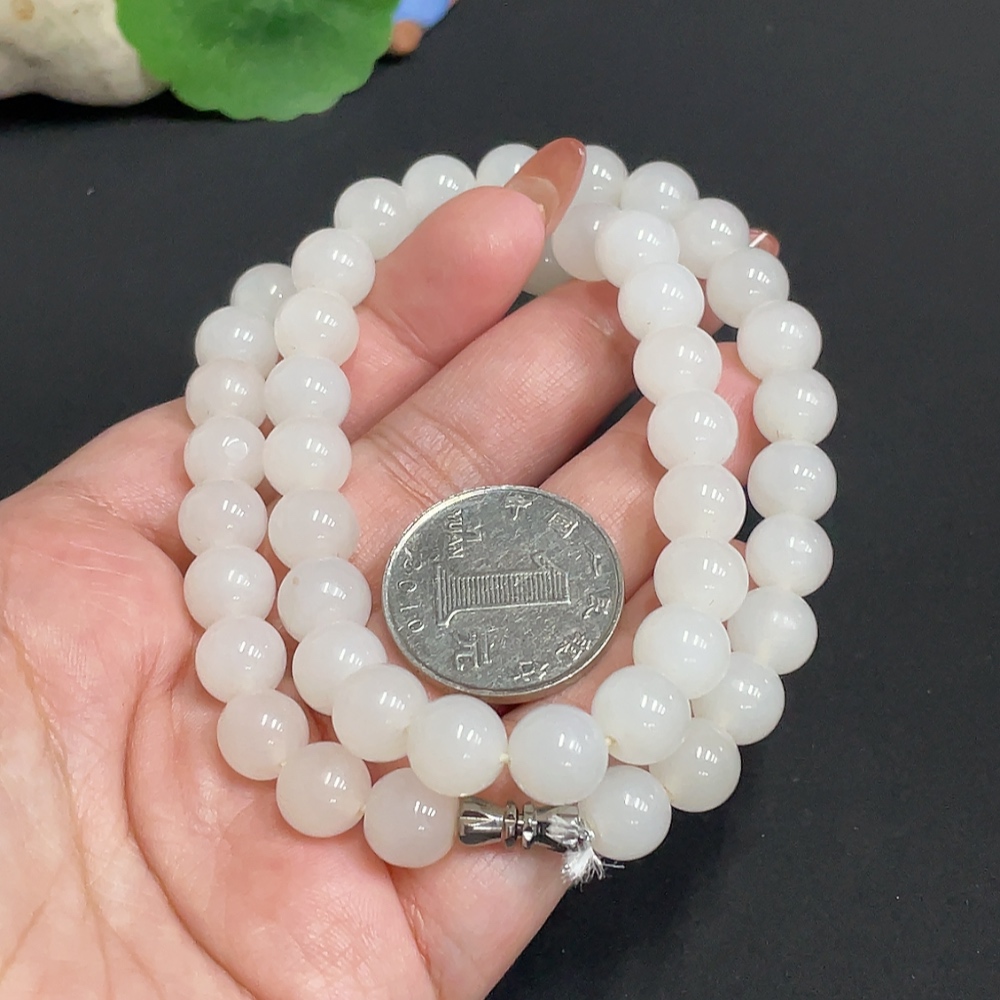 H35100014 Hetian Jade Bead Necklace, Approx. 9.1mm, Total Weight Approx. 61.5g