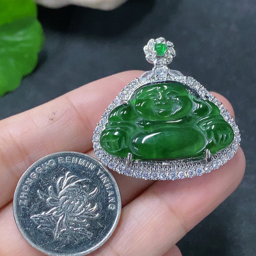 F33888039 Jadeite Inlaid Buddha Pendant, Non-Gold, Total Weight Approx. 7.34g, Beads Non-Grade A