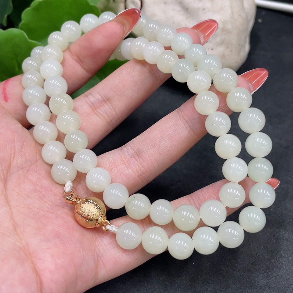 H34016810 Hetian Jade Bead Necklace, Approx. 8.1mm, Non-Gold Inlaid, Total Weight Approx. 52.9g