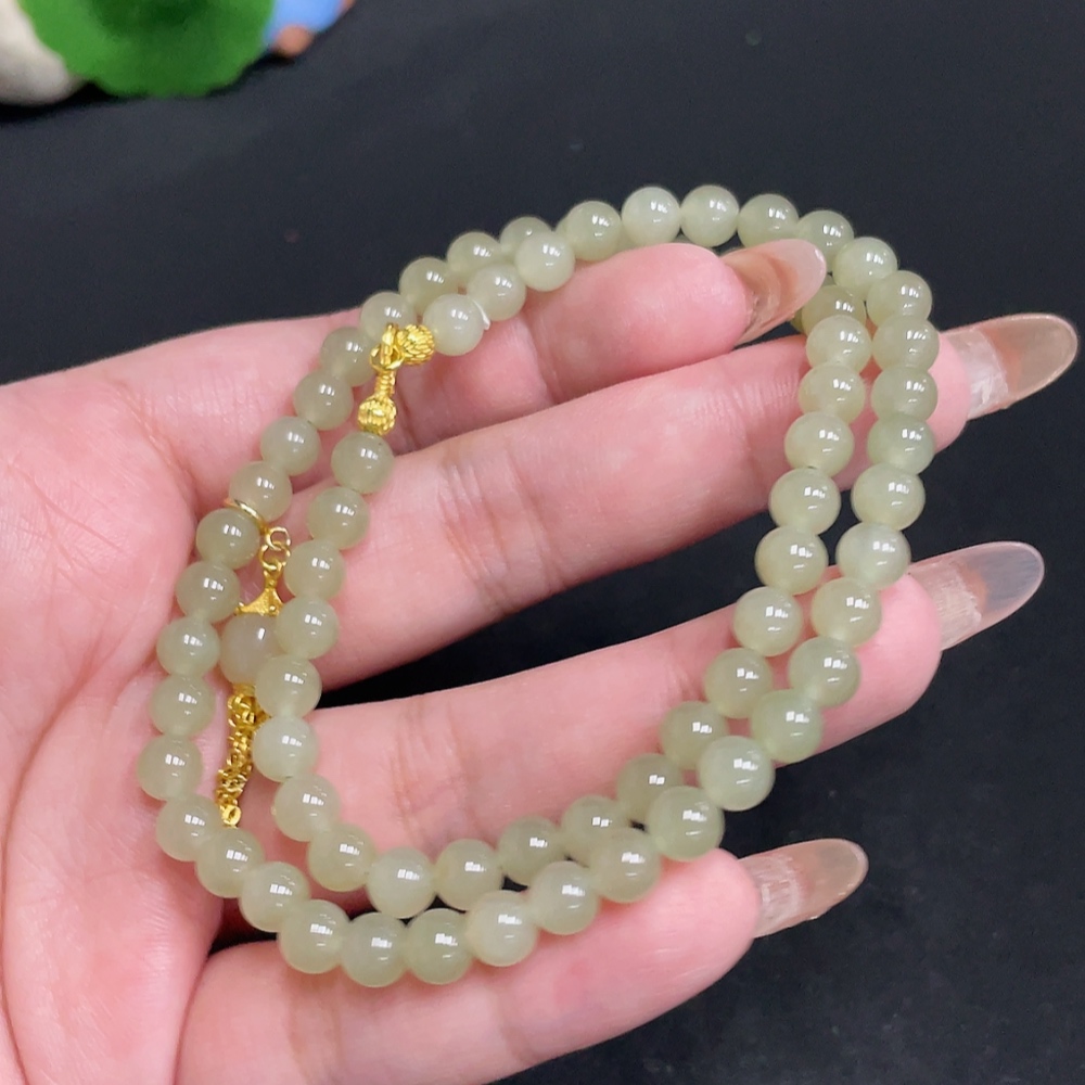 H32804412 Hetian Jade Bead Necklace Approx. 5.8mm Beads Total Weight About 23.8g Non-Gold