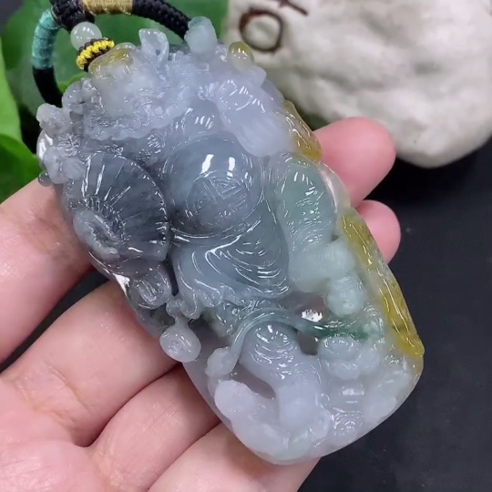 F34000183 Jadeite Pendant God of Wealth with Other Mineral Components Including Rope Total Weight Approx. 74.6g