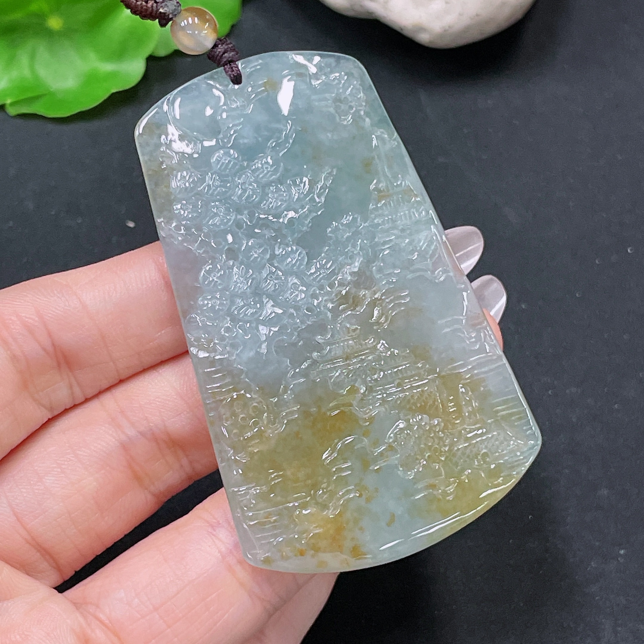 F34065616 Jadeite Landscape Pendant Total Weight Approx. 33.15g (Including Cord Weight) With Non-Grade A Beads