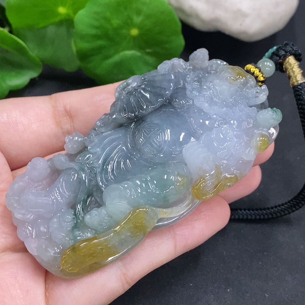 F34000183 Jadeite Pendant God of Wealth with Other Mineral Components Including Rope Total Weight Approx. 74.6g