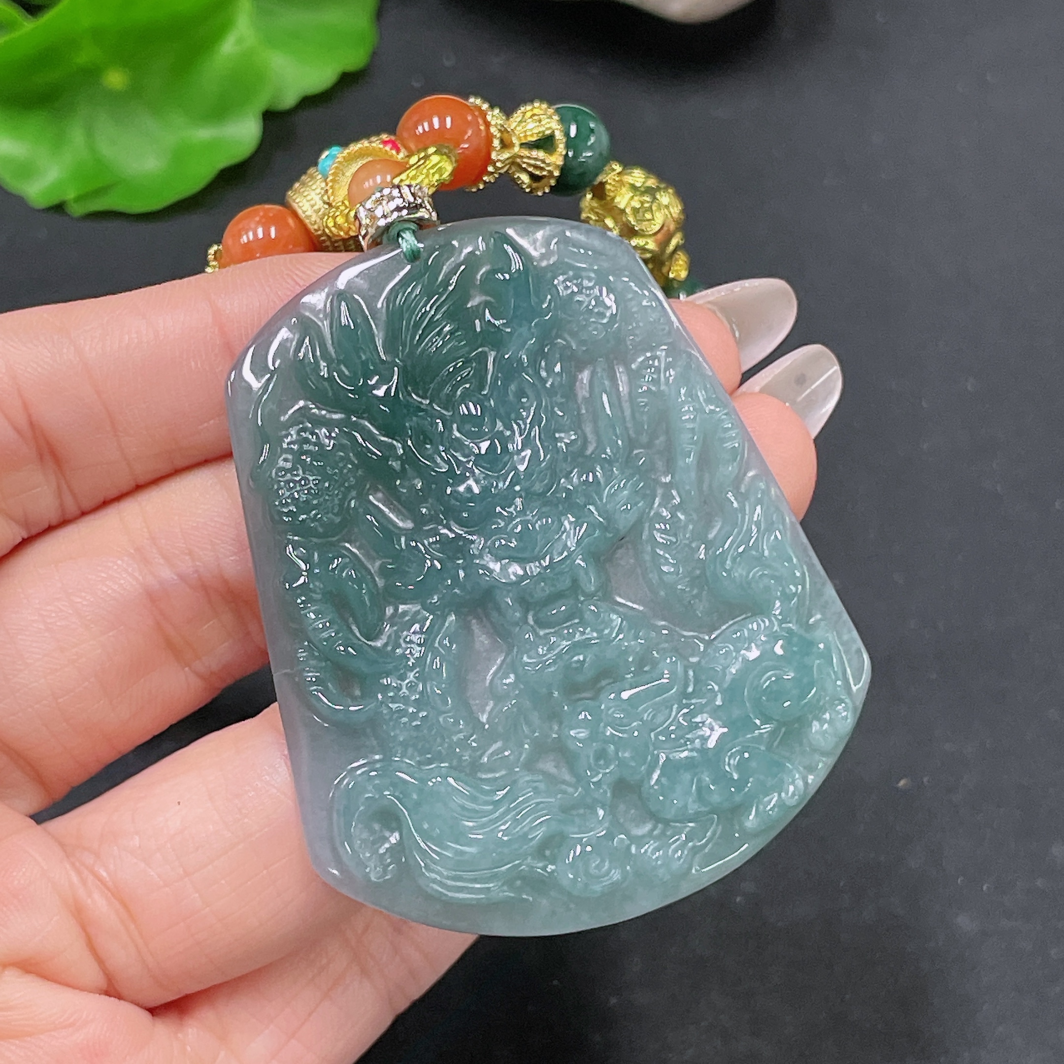 F35105382 Jadeite Pendant Dragon Plaque Non-Gold Beads Non-Grade A With Cord Total Weight Approx. 55.31g
