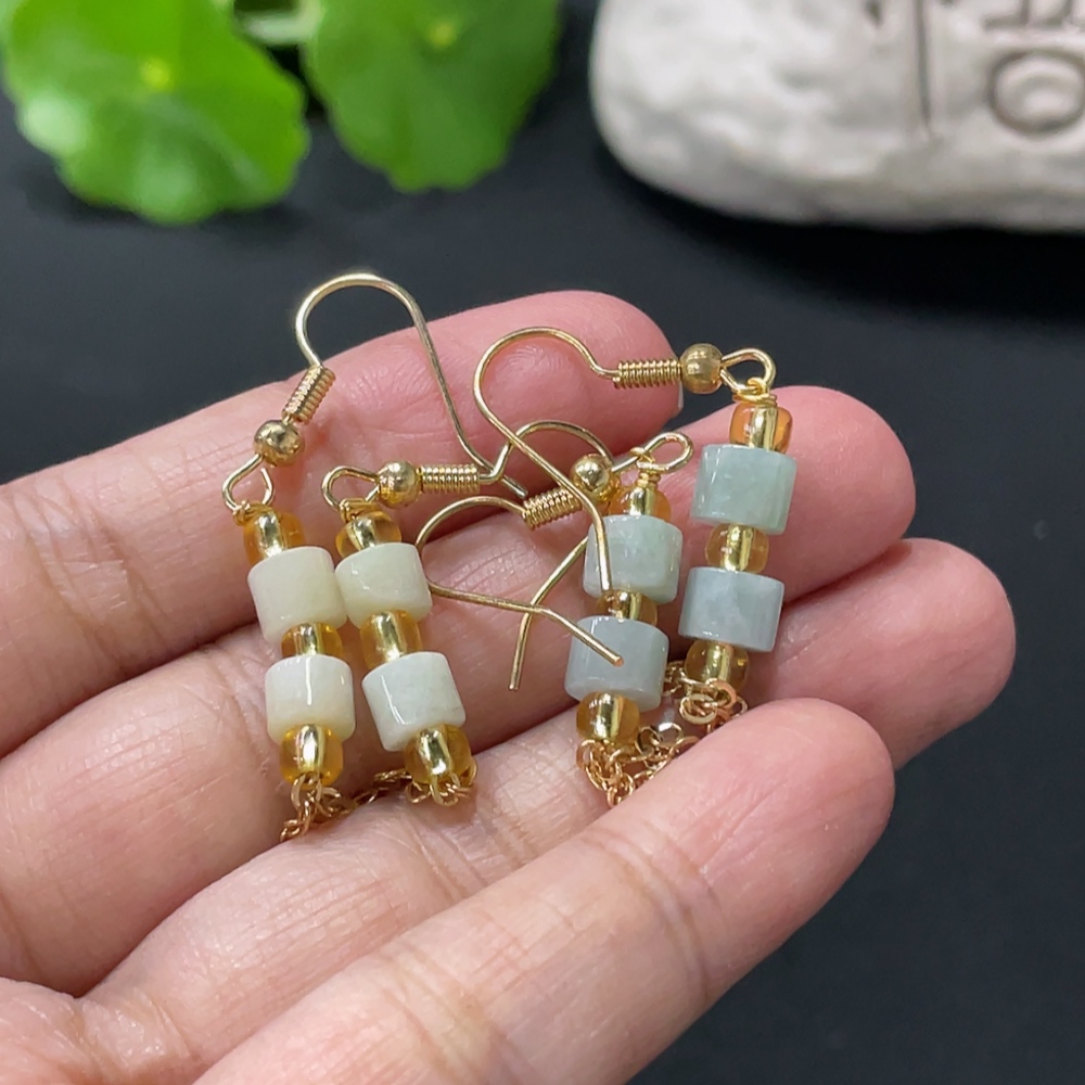 F33837842 Jadeite inlaid ear hooks, non-gold inlaid, with non-A grade beads