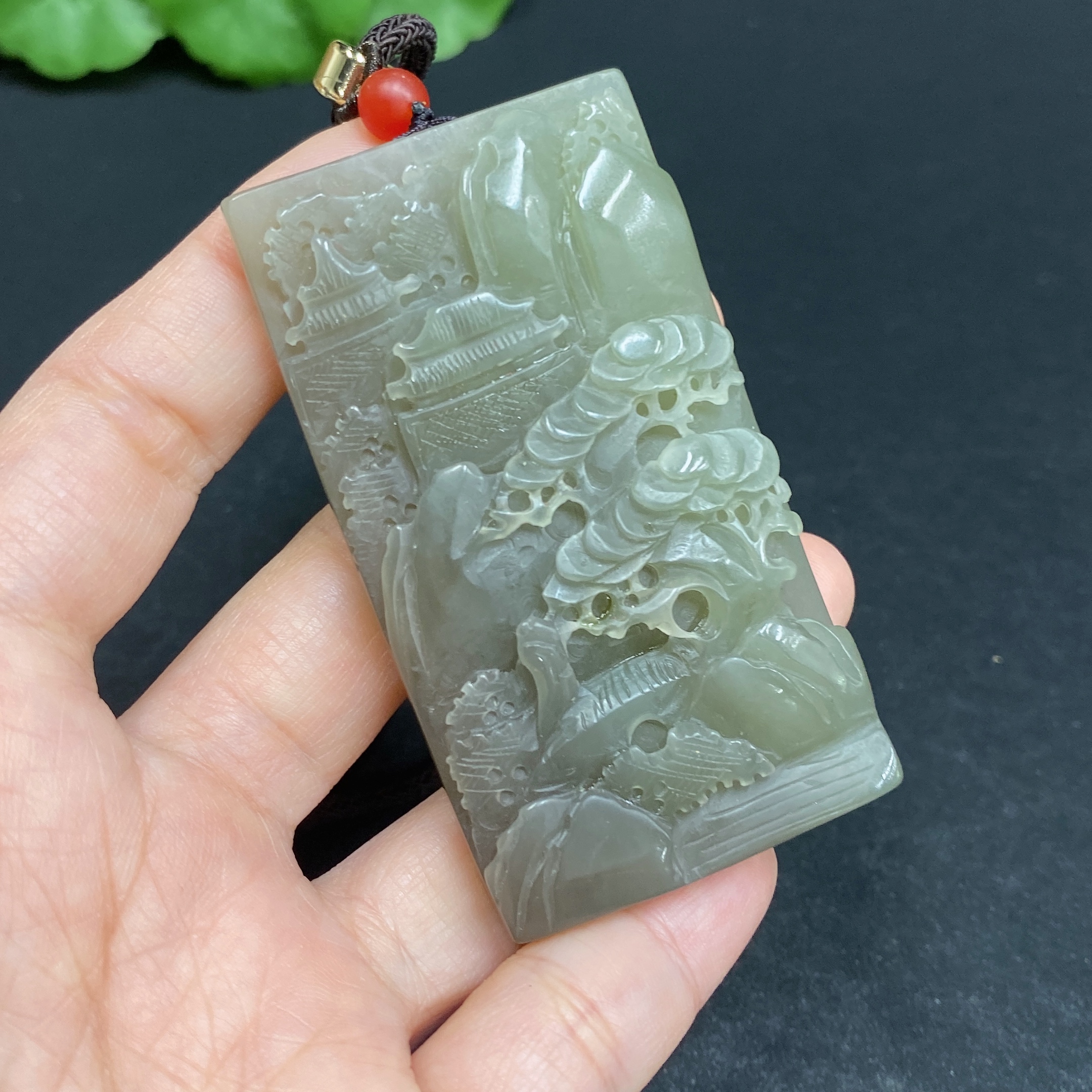 H31667452 Hetian Jade Pendant, Landscape Plaque, Total Weight (Including Rope) Approx. 66.9g