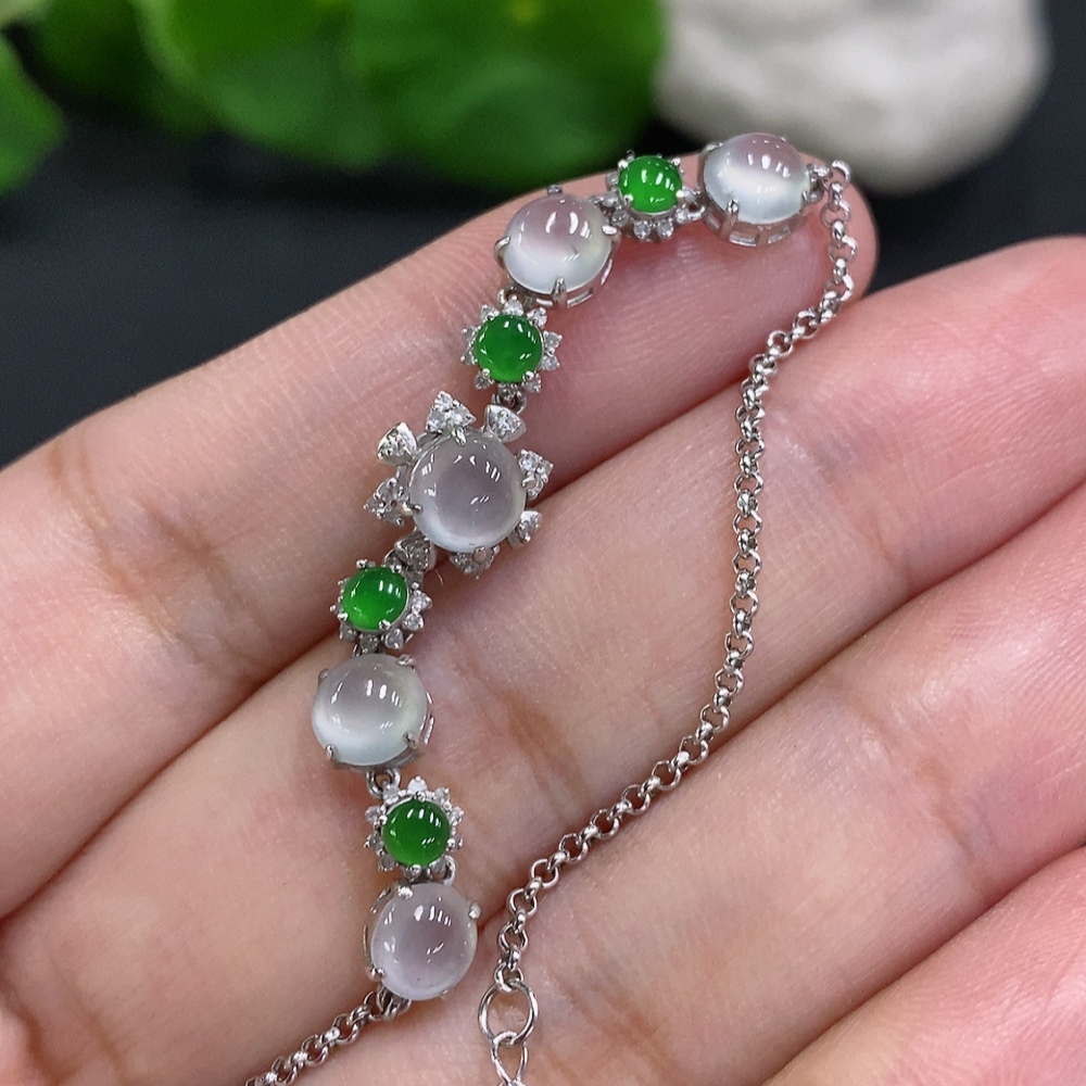 F33946170 Jadeite Cabochon Inlay Bracelet 18K Gold Total Weight Approx. 3.5g (With Diamond Accents)