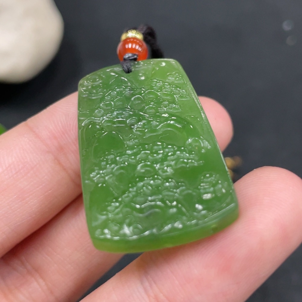 H31582196 Hetian Jade Pendant, Landscape Plaque, Total Weight (Including Rope): 8.6g