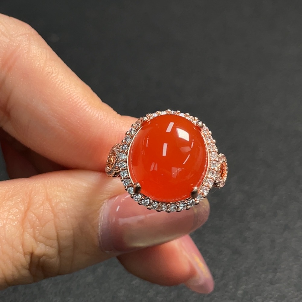 C28224829 Red Agate Inlaid Ring, Non-Gold Setting, Adjustable, Total Weight Approx. 5.99g