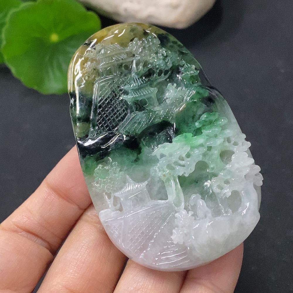 F35140161 Jadeite Pendant Landscape Plaque Total Weight Approx. 54.96g with Non-Grade A Beads