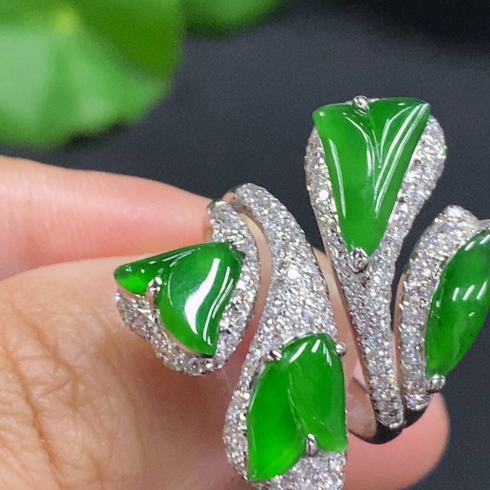 F30452380 Jadeite Inlaid Ring 18K Gold Size 13 Total Weight Approx. 9.6g (With Diamond Accents)