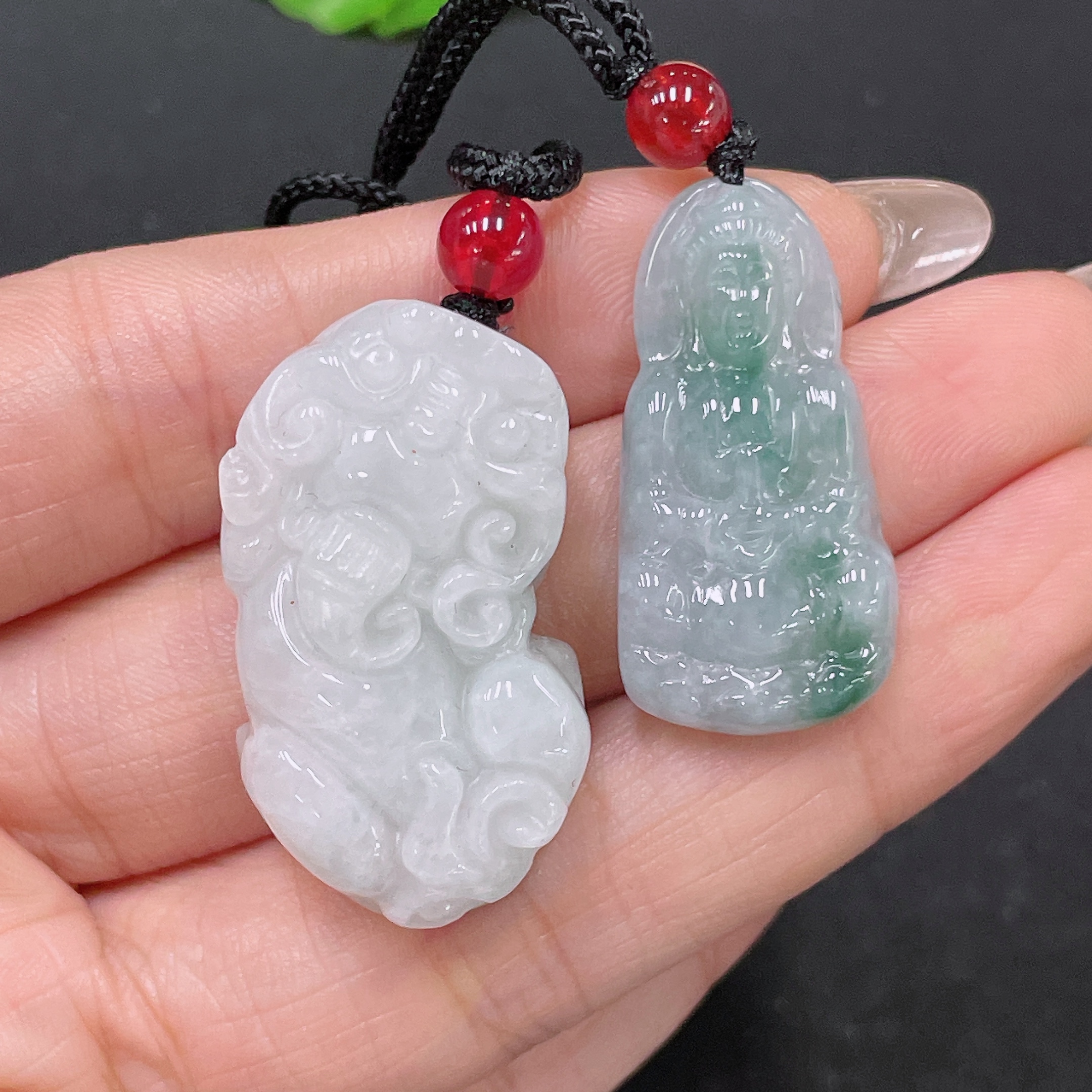 F35105391 Jadeite Pendant Guanyin + Pixiu Sell as a Lot with Non-Grade A Beads